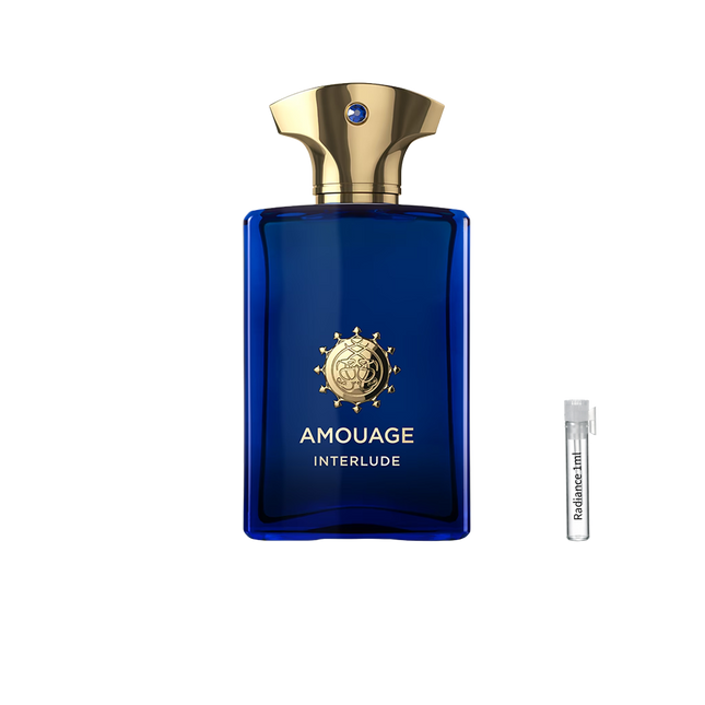 Amouage Interlude Man Eau de Parfum retail bottle with Radiance Fragrance 1 mL sample