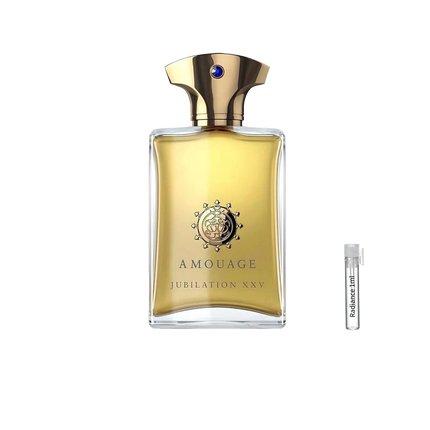 Amouage Jubilation XXV Man Eau de Parfum retail bottle with Radiance Fragrance 1 mL sample