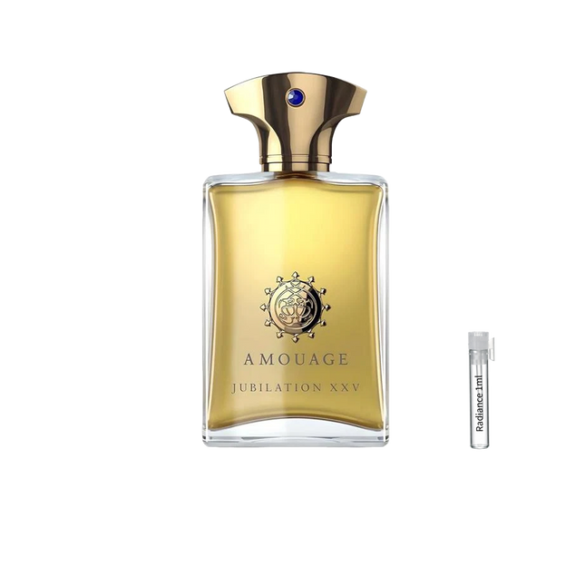 Amouage Jubilation XXV Man Eau de Parfum retail bottle with Radiance Fragrance 1 mL sample