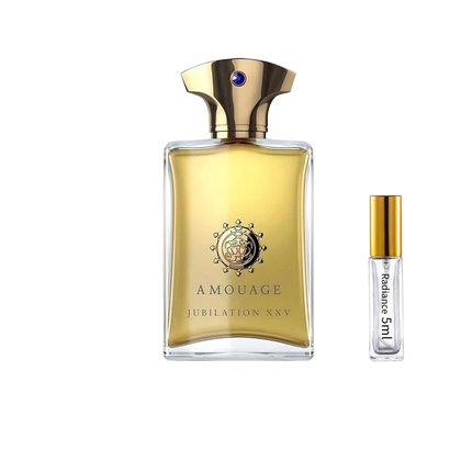Amouage Jubilation XXV Man Eau de Parfum retail bottle with Radiance Fragrance 5 mL sample