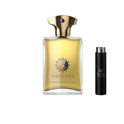 Amouage Jubilation XXV Man Eau de Parfum retail bottle with Radiance Fragrance 5 mL premium atomizer