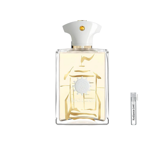 Amouage Beach Hut Man Eau de Parfum retail bottle with Radiance Fragrance 1 mL sample
