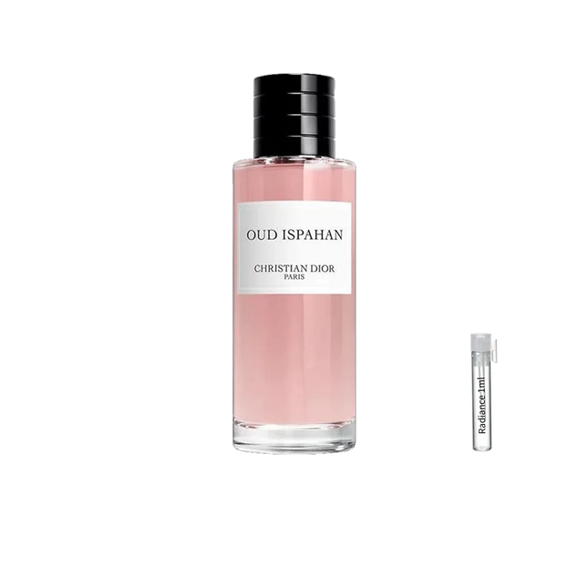 Christian Dior Oud Ispahan Eau de Parfum retail bottle with Radiance Fragrance 1 mL sample