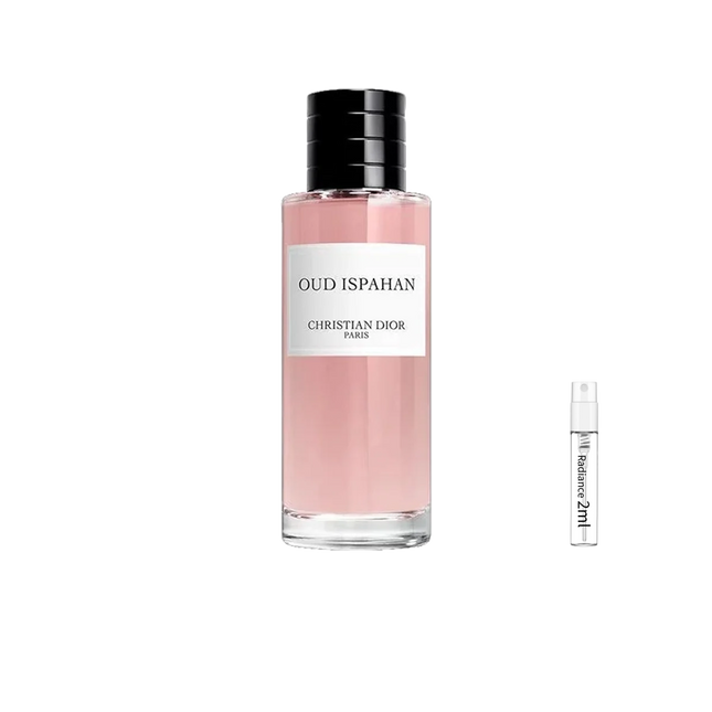 Christian Dior Oud Ispahan Eau de Parfum retail bottle with Radiance Fragrance 2 mL sample