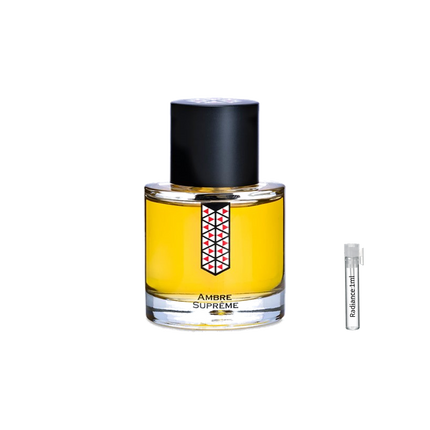 Les Indémodables Ambre Suprême retail bottle with Radiance Fragrance 1 mL sample