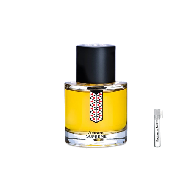 Les Indémodables Ambre Suprême retail bottle with Radiance Fragrance 1 mL sample