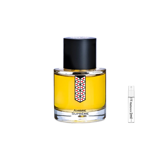 Les Indémodables Ambre Suprême retail bottle with Radiance Fragrance 2 mL sample