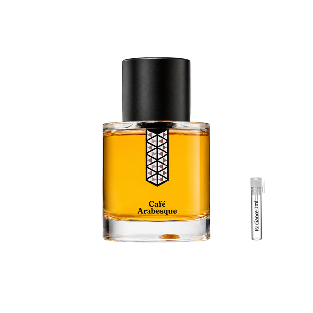 Les Indémodables Café Arabesque retail bottle with Radiance Fragrance 1 mL sample