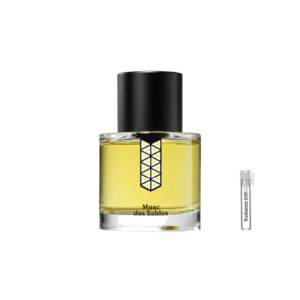 Les Indémodables Musc des Sables retail bottle with Radiance Fragrance 1 mL sample