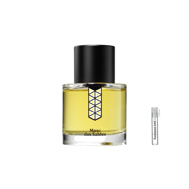Les Indémodables Musc des Sables retail bottle with Radiance Fragrance 1 mL sample