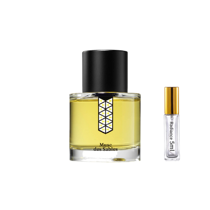 Les Indémodables Musc des Sables retail bottle with Radiance Fragrance 5 mL sample