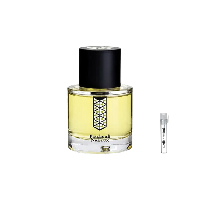 Les Indémodables Patchouli Noisette retail bottle with Radiance Fragrance 1 mL sample
