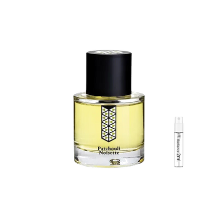 Les Indémodables Patchouli Noisette retail bottle with Radiance Fragrance 2 mL sample