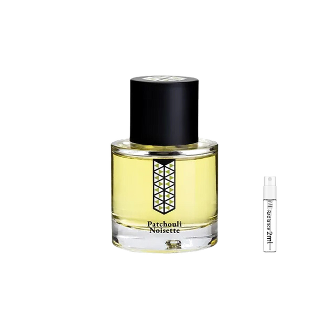 Les Indémodables Patchouli Noisette retail bottle with Radiance Fragrance 2 mL sample