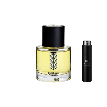 Les Indémodables Patchouli Noisette retail bottle with Radiance Fragrance 5 mL premium atomizer
