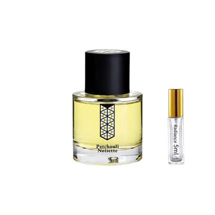Les Indémodables Patchouli Noisette retail bottle with Radiance Fragrance 5 mL sample