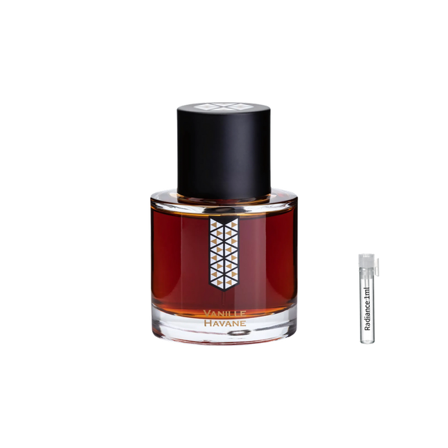 Les Indémodables Vanille Havane retail bottle with Radiance Fragrance 1 mL sample